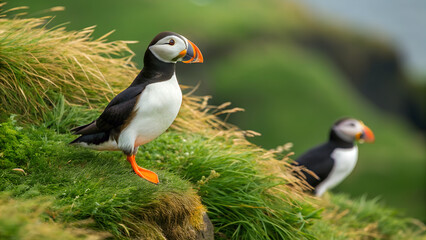 Close-up of Vibrant Atlantic Puffins in Lush Green Coastal Grass