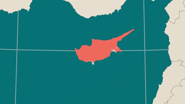 Cyprus map. Animated zoom into the country on the Globe in Teal Pale Mint color palette. Country logo animation. Map with meridians, parallels. Modern video.