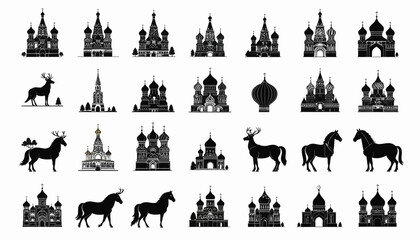 Silhouette Icons Russian Churches, Deer, and Horses