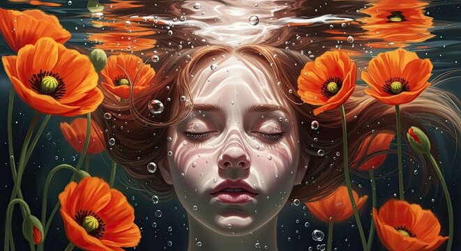 Tranquil Underwater Dreamscape with Poppies and Gentle Light