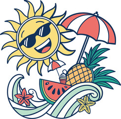 Cheerful Smiling Sun with Sunglasses and Tropical Summer Elements Illustration