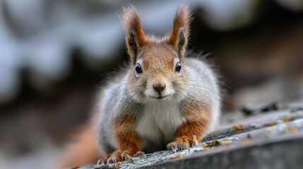Fototapeta premium Squirrel On Roof. Cute Grey Rodent Sitting on Brown Tiled Roof