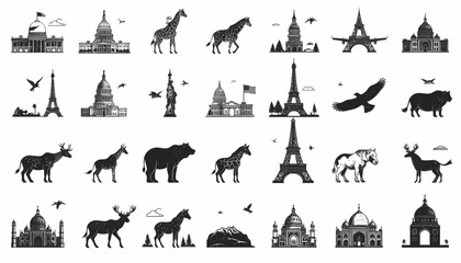 Stylized monochrome vector illustrations depicting an extensive array of iconic global landmarks and majestic animal silhouettes, perfect for travel, education, and cultural design projects