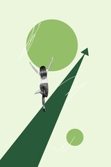 Creative art collage of person stand win up arrows with round green background
