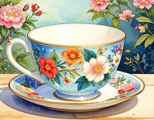 Detailed teacup and saucer with floral design