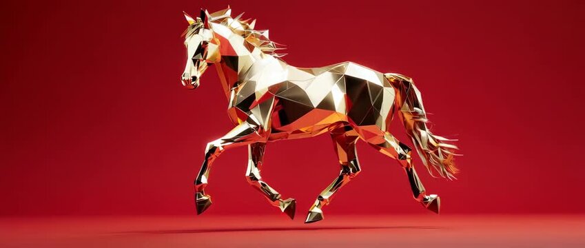 A modern, seamless loop animation of a running horse made of golden low-poly geometry. A stylish and abstract background for the Year of the Horse.