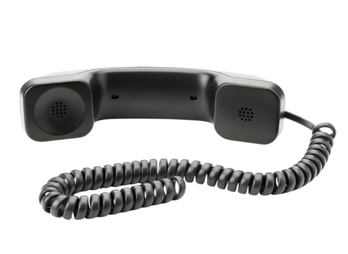 Vintage black telephone handset with coiled cord isolated on transparent background