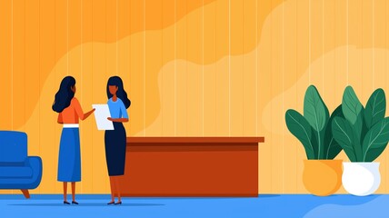 Two businesswomen discussing document in modern office with wooden desk and potted plants, bright interior with blue chair and orange wall