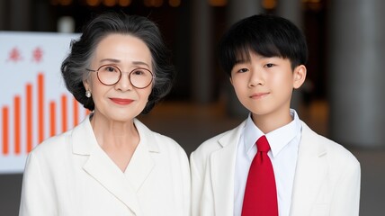 Senior female employee mentoring young man in white suit and red tie with confident expression in office setting