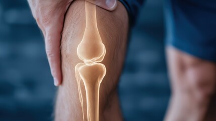 Knee joint pain concept with highlighted bone anatomy on male leg held by hand showing discomfort and injury