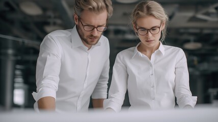 Two focused office workers wearing glasses and white shirts standing beside a desk in a modern workspace, collaborating on a project with concentration