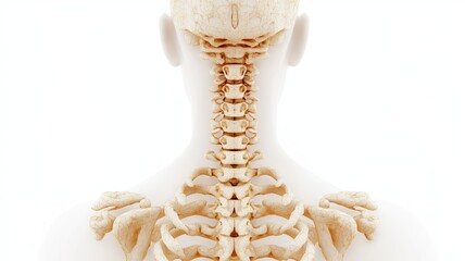 Cervical spine and upper thoracic vertebrae detailed skeletal anatomy with clavicle and scapula bones in medical illustration style