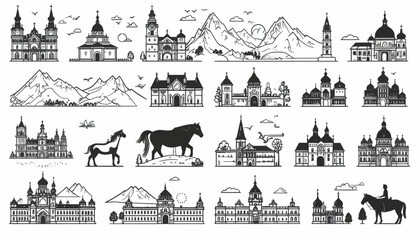 Naklejka premium Vector Line Art Collection of Architectural Landmarks, Horses, and Mountain Views