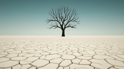 Dry cracked land with single leafless tree under clear sky, evoking sense of dryness and solitude in barren landscape