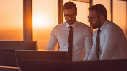 Two male colleagues in white shirts and black ties working together in a computer office with warm sunset lighting creating a focused and professional