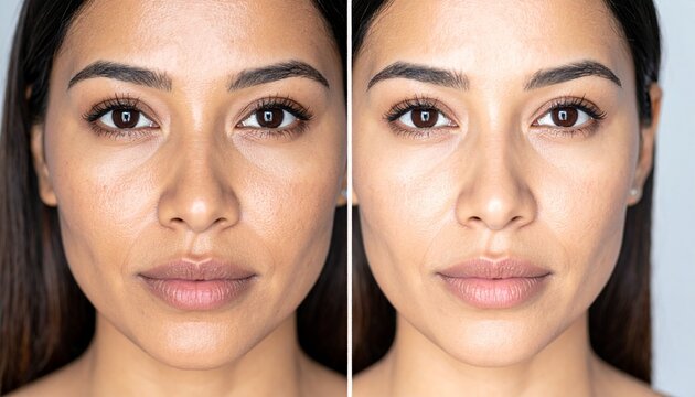 A woman&rsquo;s facial skin before and after a whitening beauty treatment