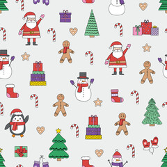 Colourful Christmas seamless pattern with cartoon characters and ornaments. Vector illustration