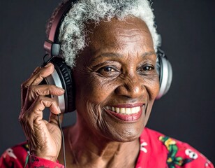 A happy, smiling African-American elderly woman listens to music through headphones