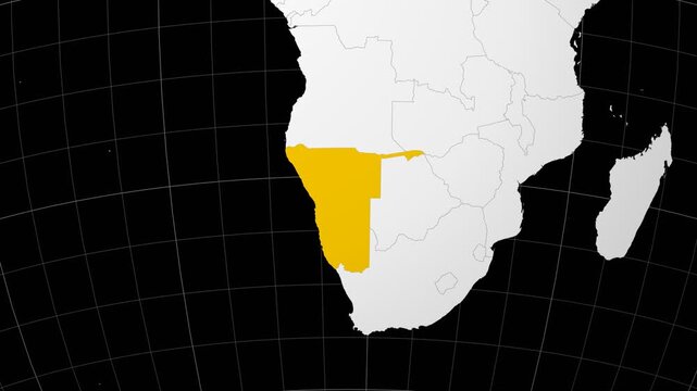 Namibia map. Animated zoom into the country on the Globe in Black White color palette. Country logo animation. Map with meridians, parallels. Alive video.