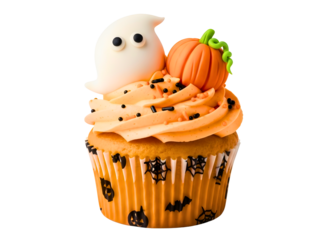 Halloween ghost cupcake with pumpkin decoration isolated on transparent background