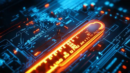 Digital circuit board processing data with glowing lines - Powered by Adobe