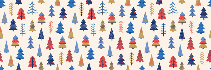 Obraz premium Christmas tree background. Seamless pattern design with hand drawn ornaments. Wallpaper concept. Vector illustration