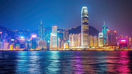 Obraz premium Hong Kong Skyline at Night: Illuminated Cityscape Reflecting in Water.