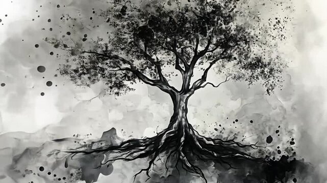 Abstract Ink Tree Drawing, Abstract Artistic Nature, Ink Painting, Artistic Style