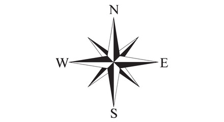 Fototapeta premium Black and white compass rose illustrating cardinal directions north, south, east, and west isolated on transparent background
