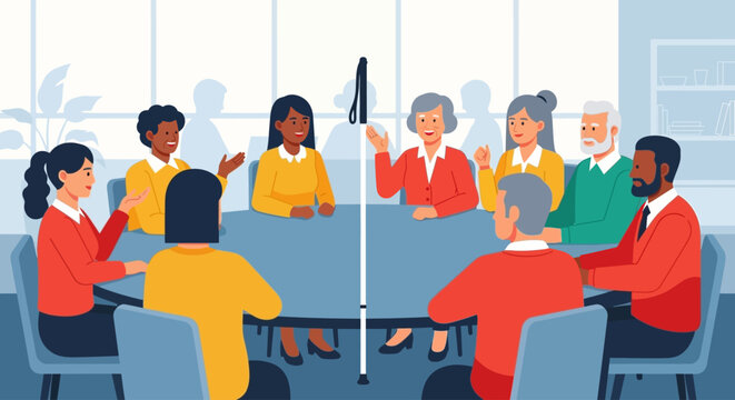 A diverse group of people engaged in a collaborative meeting around a circular table.