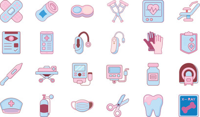 Modern Flat Medical and Healthcare Icon Collection in Soft Pink and Blue Colors – Hospital and Clinic Equipment, Doctor and Nurse Tools, Health Devices, Pharmacy Symbols, Emergency Kit, Vaccine Bottle