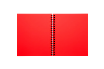 Open red spiral bound notebook with blank pages isolated on transparent background