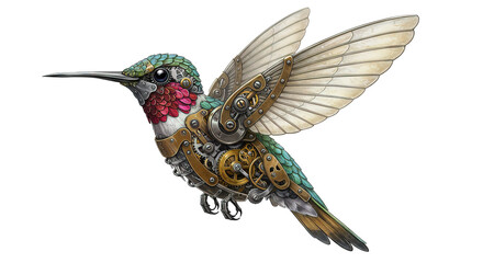 A steampunk hummingbird with gears and metal components shown , transparent png