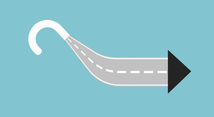 A graphic illustration of a white hook transitioning into a grey road with a dashed line, ending in a black arrow pointing right on a blue background.