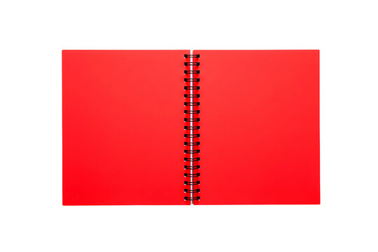 Open red spiral bound notebook with blank pages isolated on transparent background