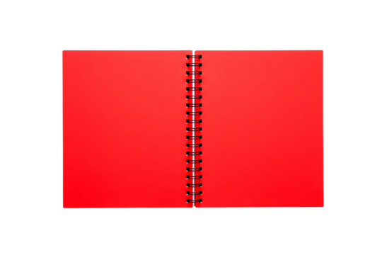 Open red spiral bound notebook with blank pages isolated on transparent background