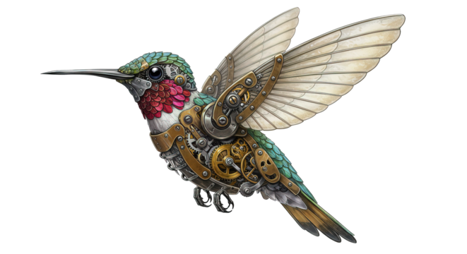 A steampunk hummingbird with gears and metal components shown , transparent png