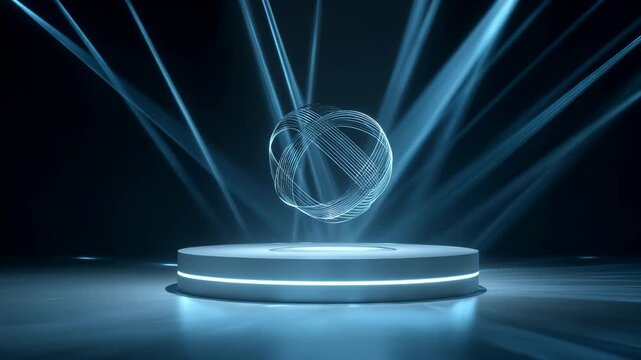 Medium shot capturing a dynamic 3D holographic logo spinning above a pedestal radiating vibrant light beams that enhance brand recognition in a modern setting.