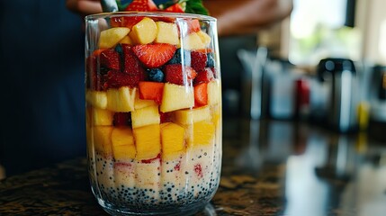 Layered Fruit Parfait with Chia Seeds in Glass, Close-Up