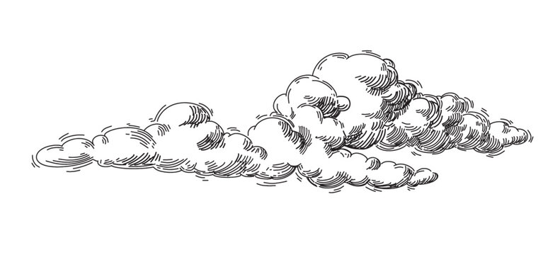 Set of clouds in hand drawn vintage retro style isolated on white background. Cartoon design elements. Vector illustration.