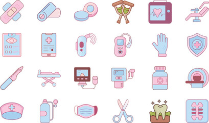 Modern Flat Medical and Healthcare Icon Collection in Soft Pink and Blue Colors – Hospital and Clinic Equipment, Doctor and Nurse Tools, Health Devices, Pharmacy Symbols, Emergency Kit, Vaccine Bottle