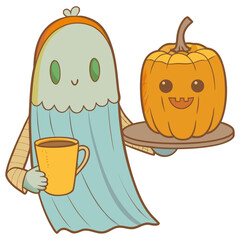 Ghost barista serving pumpkin latte, retro Halloween cartoon illustration with simple vector lines, clean composition, vintage humor, and expressive pose
