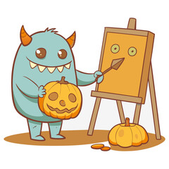 Friendly monster painting spooky artwork, humorous Halloween illustration in retro style with minimal details and balanced composition
