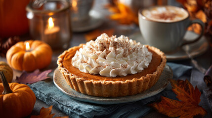 Pumpkin Pie. A close-up of a fragrant pumpkin pie with a golden crust, topped with whipped cream and cinnamon. Cups of coffee, autumn leaves, and mini pumpkins are nearby.