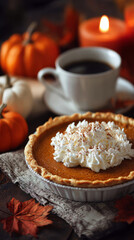 Pumpkin Pie. A close-up of a fragrant pumpkin pie with a golden crust, topped with whipped cream and cinnamon. Cups of coffee, autumn leaves, and mini pumpkins are nearby.