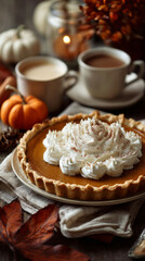 Pumpkin Pie. A close-up of a fragrant pumpkin pie with a golden crust, topped with whipped cream and cinnamon. Cups of coffee, autumn leaves, and mini pumpkins are nearby.