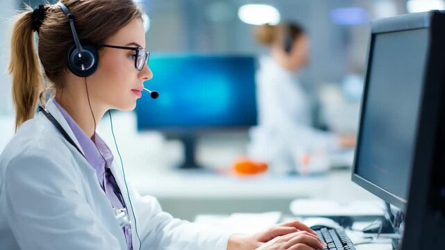 Secure medical transcription workspace featuring encrypted software interface and confident technician handling sensitive patient audio files with utmost confidentiality.