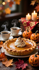 Pumpkin Pie. A close-up of a fragrant pumpkin pie with a golden crust, topped with whipped cream and cinnamon. Cups of coffee, autumn leaves, and mini pumpkins are nearby.