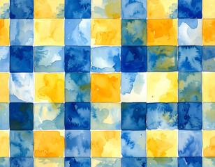 Abstract watercolor checkered pattern with blue and yellow stripes