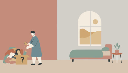Man packing or decluttering personal items in a minimalist room symbolizing home organization